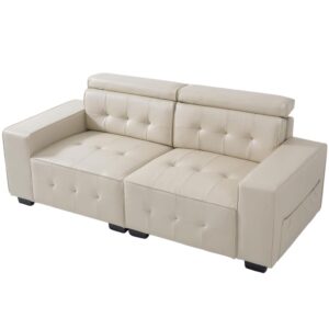 bedhours 83" sofa couch, handcrafted faux leather 3-seat sofa, mid century modern couch, comfort deep seat sofa with side pocket & adjustable headrest for living room apartment office, beige