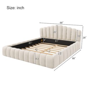 Merax Queen Size Floor Platform Bed Frame,Velvet Upholstered Bedframe with Shell-Shaped Headboard and Cushioning All Around Guards for Bedroom,No Box Spring Needed,Beige