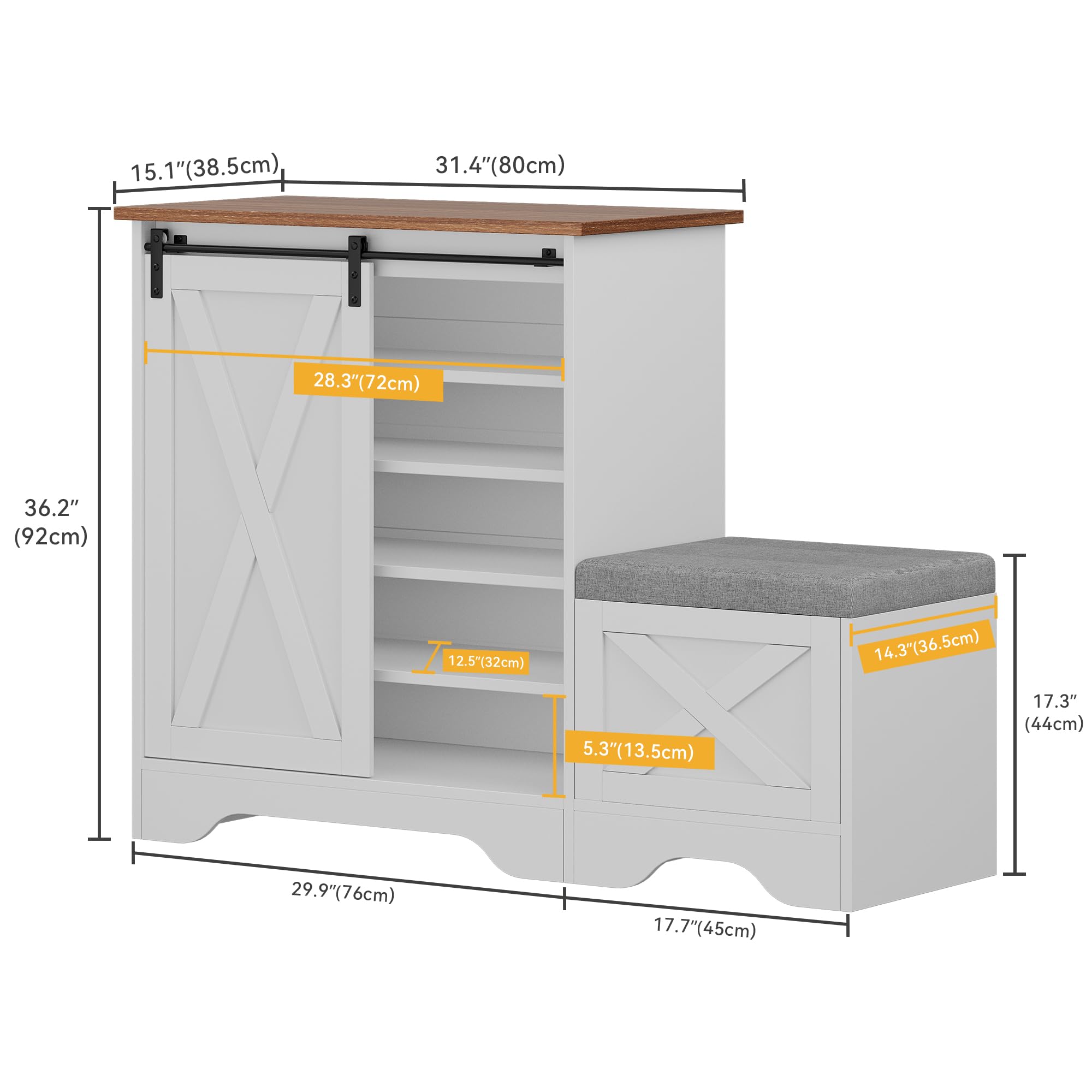 DWVO Farmhouse Shoe Storage Cabinet with Shoe Bench, 5-Tier Shoe Cabinet with Adjustable Shelves for 20 Pairs, Narrow Slim Shoe Cabinet with Sliding Door for Entryway, Hallway, Living Room (White)