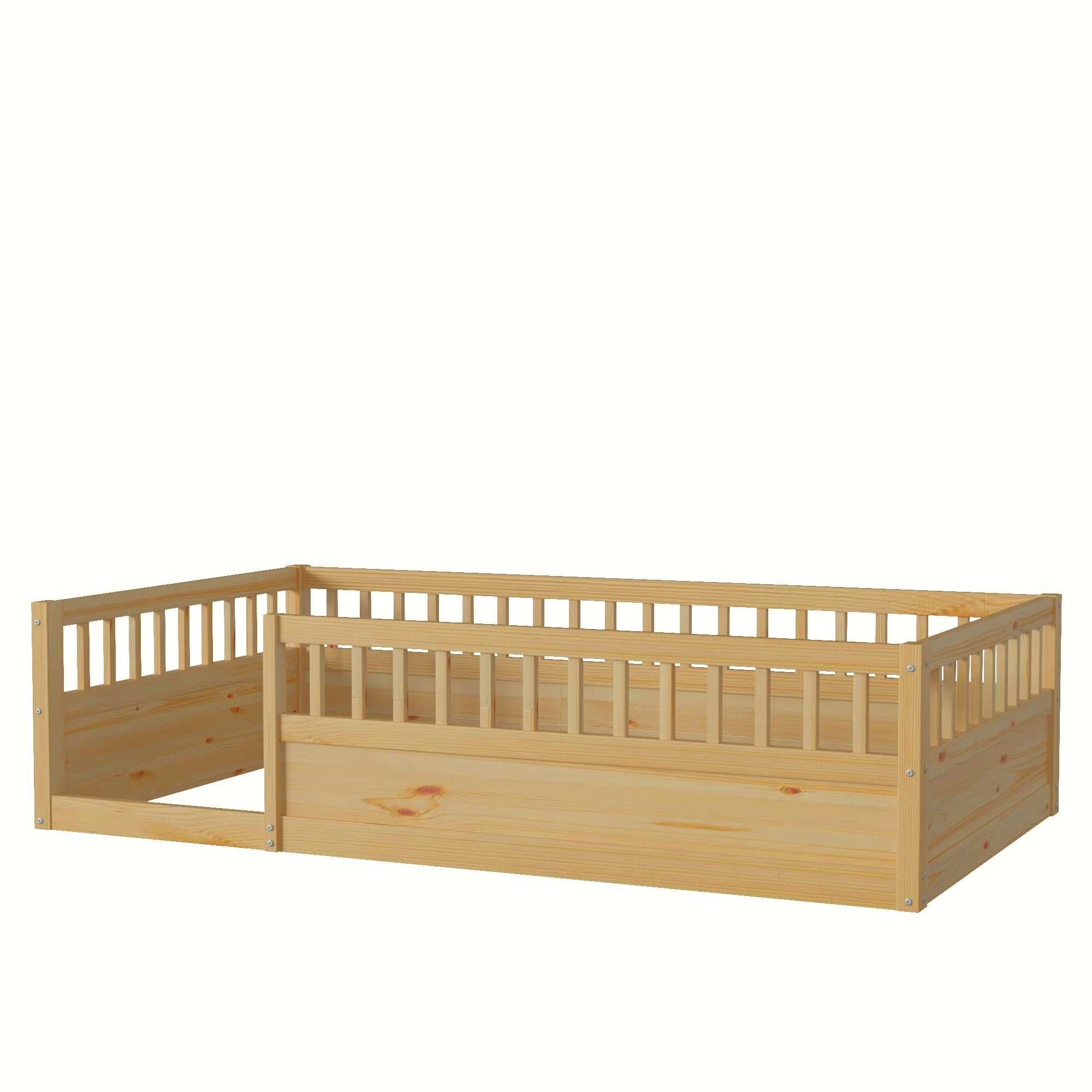 Favfurish Twin Size Montessori Floor Bed, Solid Wood Playhouse Bedframe with Safety High Fence for Kids, Girls, Boys, Bedroom, Playroom, Easy Assembly & No Box Spring Needed, Natural