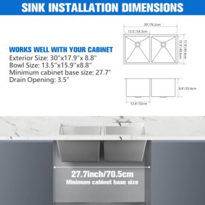 Daweier 30x17.9 Inch Handmade Undermount Double Bowl Kitchen Sink, 304 Stainless Steel, Heavy Duty Commercial Grade