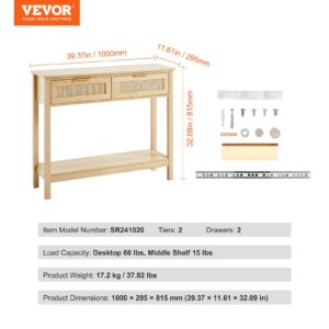 VEVOR Rattan Console Table with 2 Storage Drawers, Rattan Entryway Table with Natural Rattan Sliding Door, Console Sofa Table for Living Room, Study, Entryway Or TV Wall, Natural