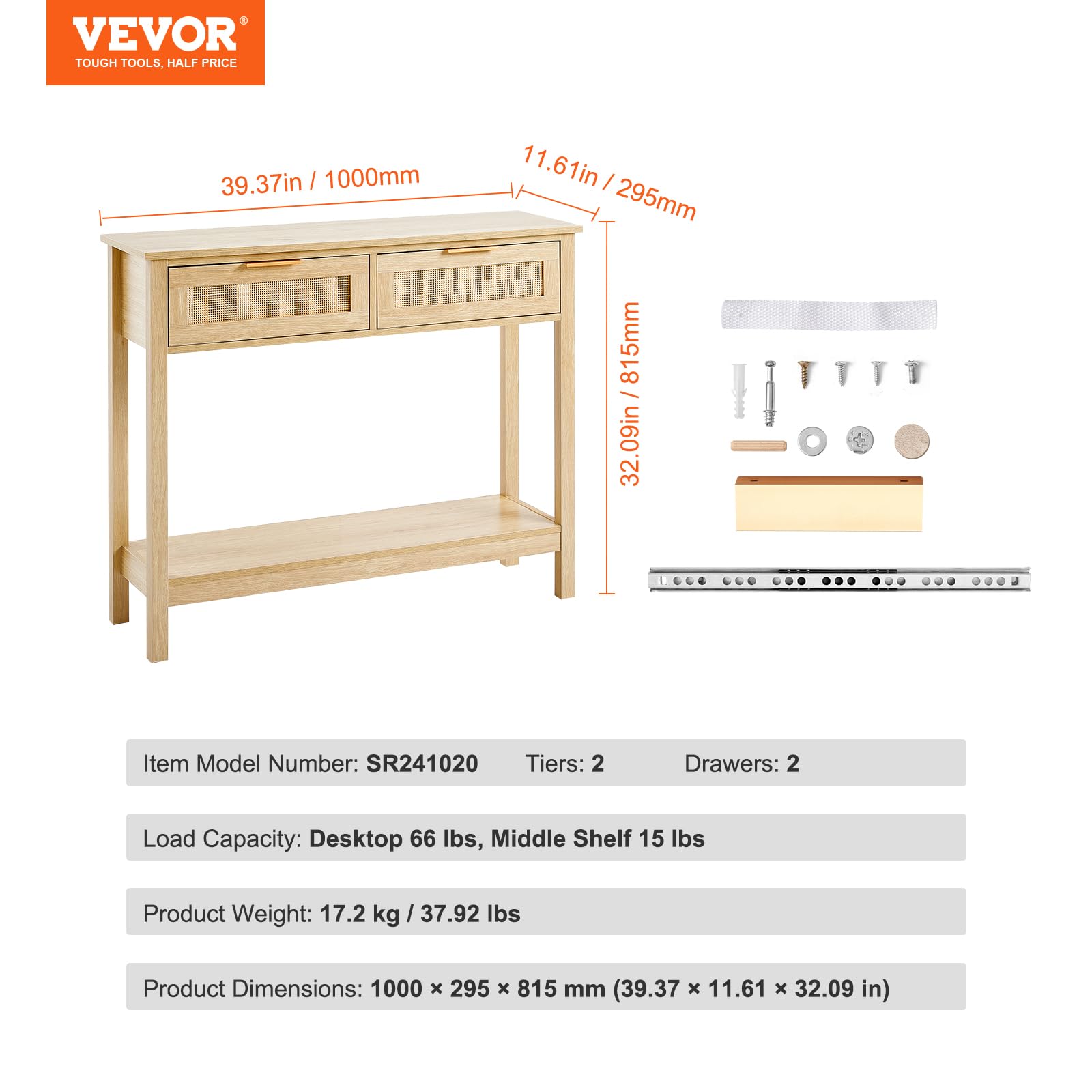 VEVOR Rattan Console Table with 2 Storage Drawers, Rattan Entryway Table with Natural Rattan Sliding Door, Console Sofa Table for Living Room, Study, Entryway Or TV Wall, Natural