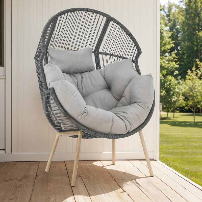 Belord Outdoor Wicker Egg Chair - 300 LBS Weight Capacity Single Patio Egg Lounge Chair with Water Resistant Cushion for Porch Balcony Sunroom, Gray Wicker Gray Cushion