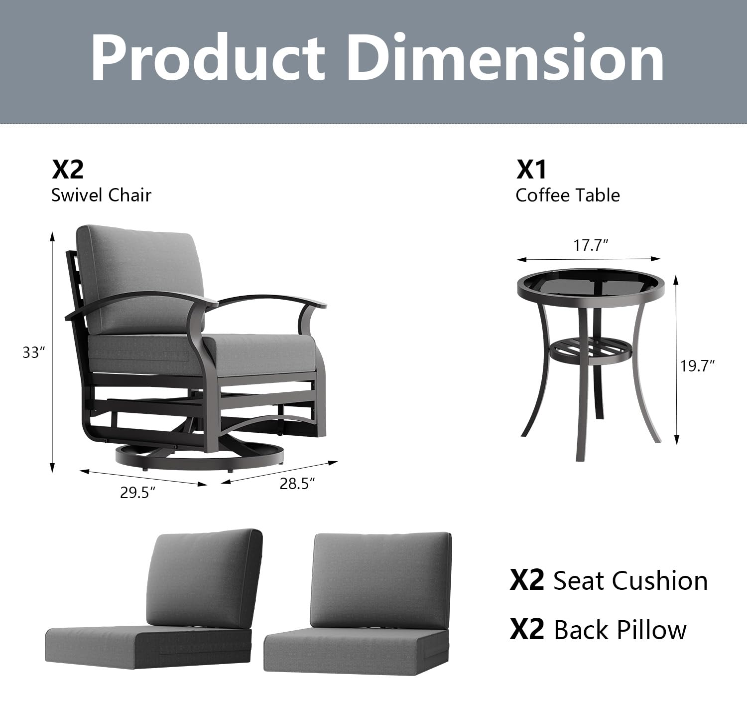 ASJMR 3 Piece Outdoor Aluminum Metal Swivel Rocking Chair Set with 1 Coffee Table and 2 Upholstered Cushions Outdoor Metal Swivel Rocking Chair Furniture (for Indoor, Outdoor) Parlor Set