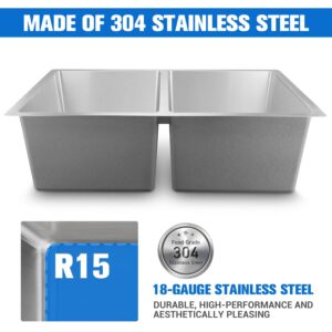 Daweier 30x17.9 Inch Handmade Undermount Double Bowl Kitchen Sink, 304 Stainless Steel, Heavy Duty Commercial Grade