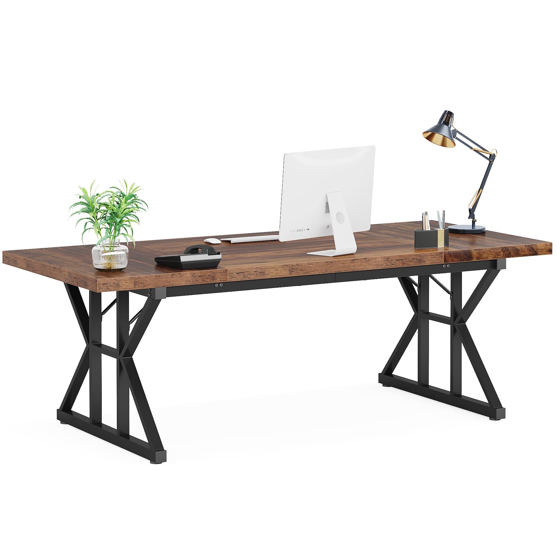 LITTLE TREE 70.8-Inch Office Desk, Wooden Executive Office Desk, Modern Work Desk, Large Farmhouse Writing Table Computer Desk for Home, Brown-Black