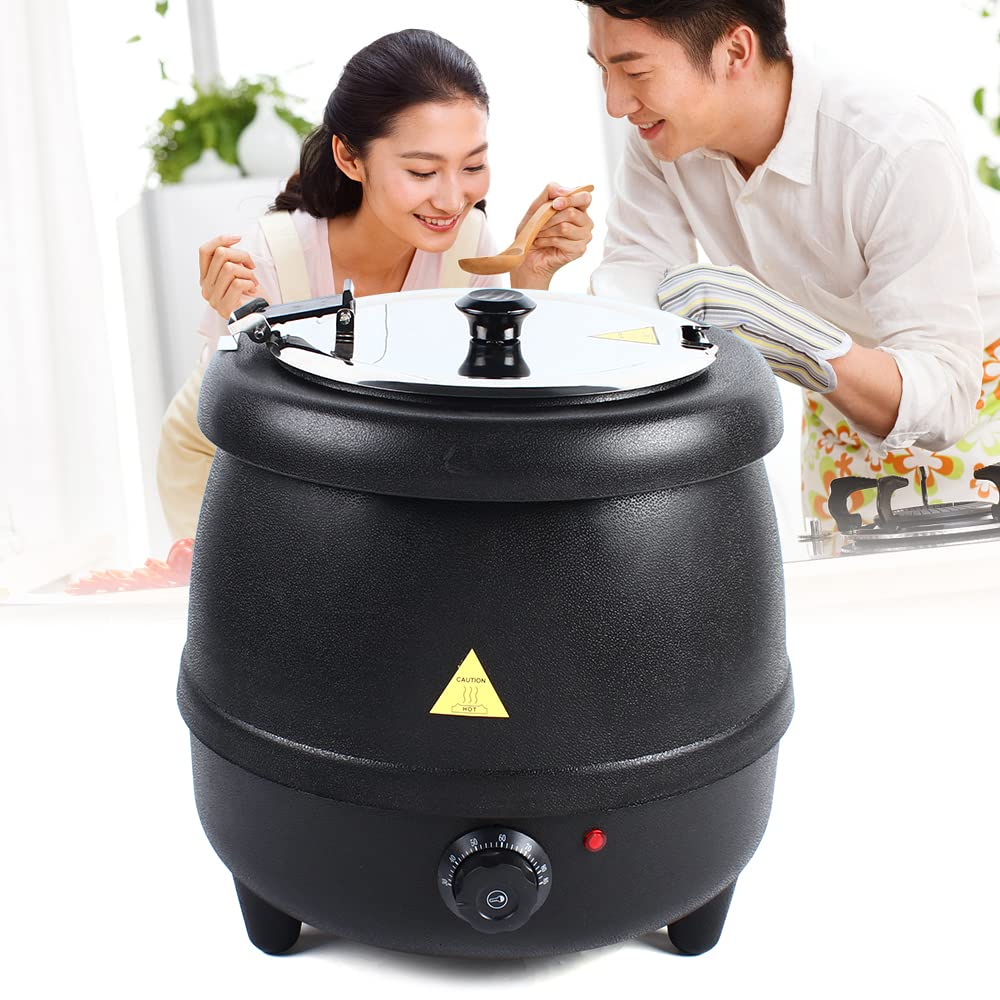 Black Commercial Soup Pot 400W 10 Liter 110V Electric Commercial Soup Kettle Countertop Food Warmer Pot Restaurant with Stainless Steel Hinged Lid Detachable Pot