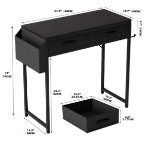 XIV Small Computer Desk with 2 Drawers, 31.5 Inch Home Office Desk with Storage Bag and Headphone Hook, Simple Desk for Small Spaces (Black, 31.5")