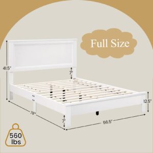 KOMFOTT Full Size Wood Platform Bed Frame with Headboard, Wooden Mid Century Platform Bed with Slat Support & Under Bed Storage, Mattress Foundation Bed Base, No Box Spring Needed, White