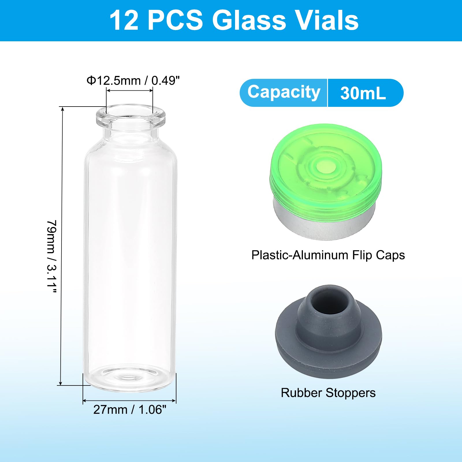 PATIKIL 12pcs 30ml Clear Borosilicate Glass Sample Vials with Aluminum Plastic Cap and Rubber Stopper for Lab Solid Liquid Powder Storage, Green Silver Tone