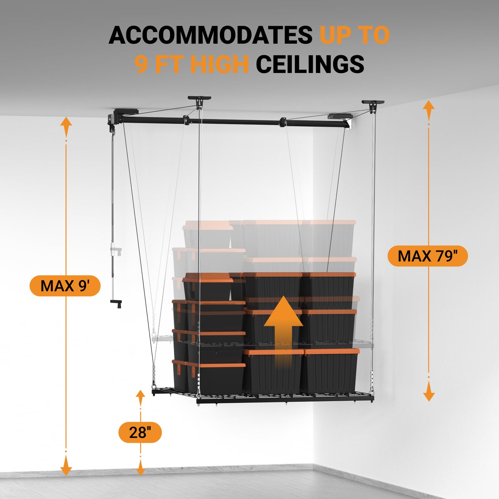 eShelf Adjustable Overhead Garage Storage Rack, 4x4ft Garage Ceiling Storage Lift, Heavy Duty Garage Storage Lift System With 300lbs Weight Capacity, Perfect for Kayaks, Ladders