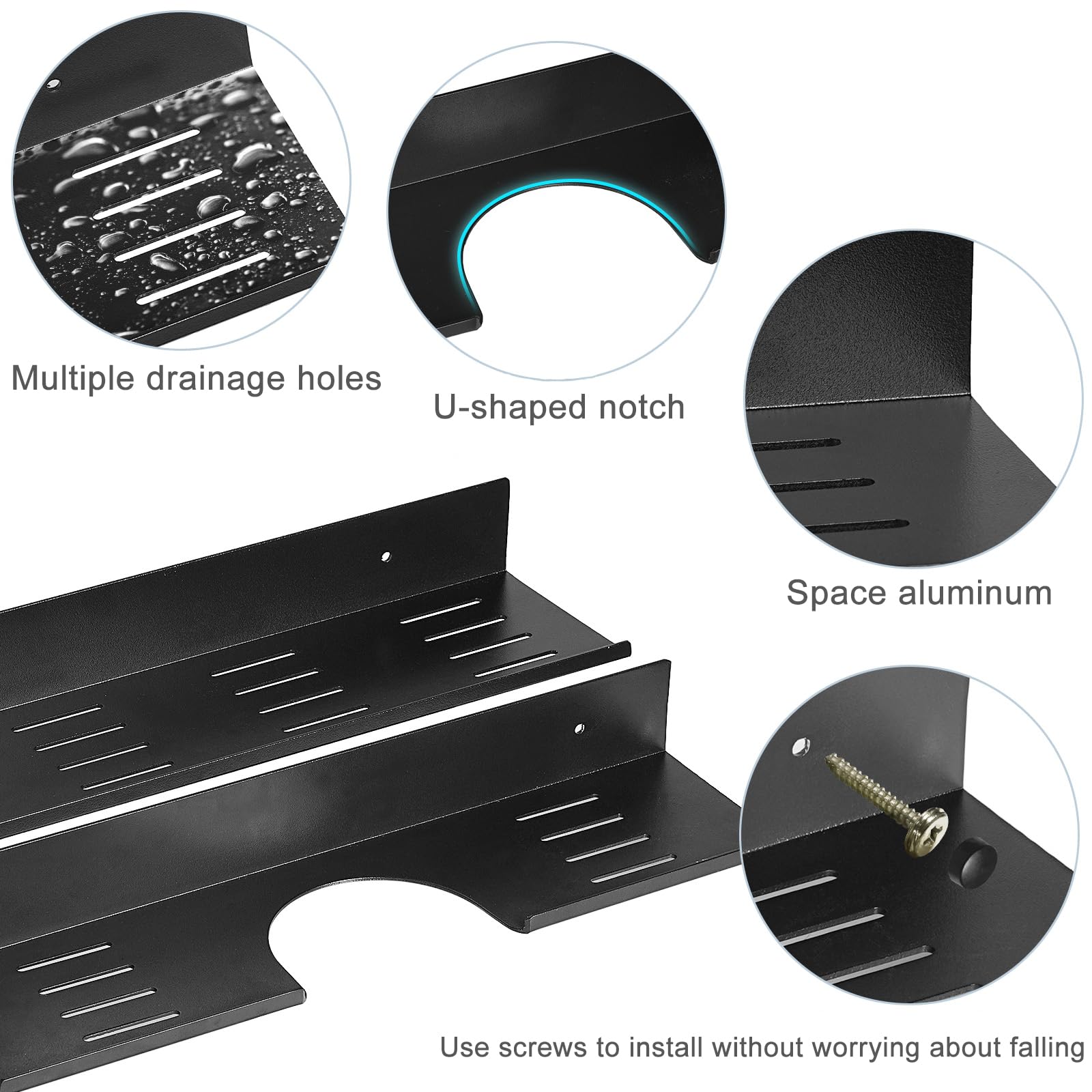 MYITYARD Over The Sink Shelf for Bathroom Kitchen, 2 Pack Wall Mount Anti-Rust Space Aluminum Floating Shelves, Sink Storage Organizer Holder Over The Faucet (15.7" L × 3.9" W, Black)