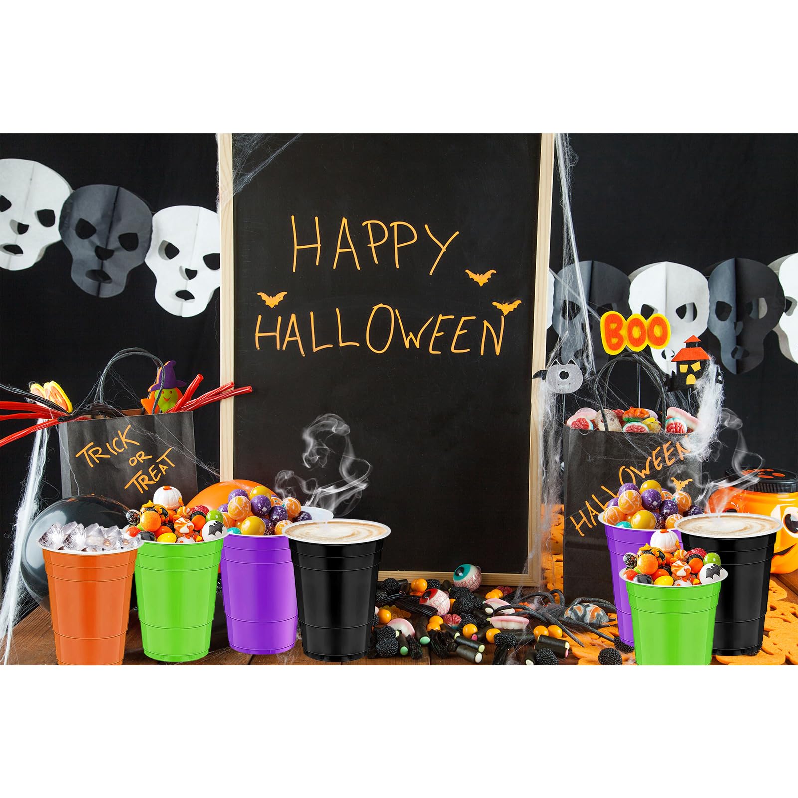 cssopenss 100 PCS Halloween Party Cups 16 oz halloween plastic cups 16 oz halloween disposable cups Set 4 Styles for Halloween Party Decorations & Party Supplies for Beer/Beverage/Snacks/Candies