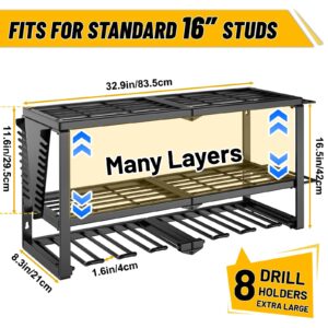 jsyonii Power Tool Organizer Wall Mount - 8 Drill Holder Wall Mount, 3 Layers Garage Tool Organizer Wall Mount, Heavy Duty Power Tool Rack, Cordless Tool Organizer, Utility Racks Shelf for Garage