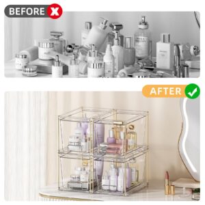 YCIA&DONE 4 Pcs Luxury Stackable Storage Drawers, Clear Organizers and Storage for Closet Bathroom Kitchen Under Sink Pantry, Easily Assemble Plastic Storage Bin for Makeup Cabinet Fridge Medicine