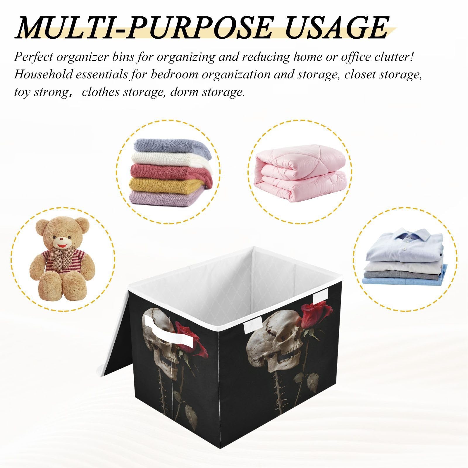 DALAWU Containers Baskets with Lids Rose Skull Fabric Foldable Storage Bins Organizer with Lid Collapsible Storage Boxes for Home Bedroom Closet Office