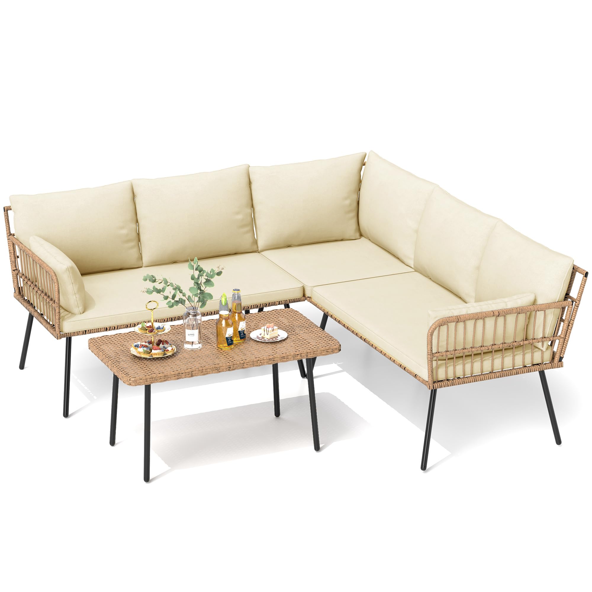 DWVO Patio Furniture Set, 4 Pieces Outdoor Patio Conversation Set, All-Weather PE Rattan Sectional L-Shaped Sofa with Soft Cushion and Side Table for Backyard, Porch, Boho Detachable Lounger (Beige)