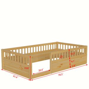 VPXTA Twin Size Toddler Floor Bed Frame for Kids，Montessori Bed with High Fence Railings，Wood Playhouse Bed with Rails (Natural, Twin)