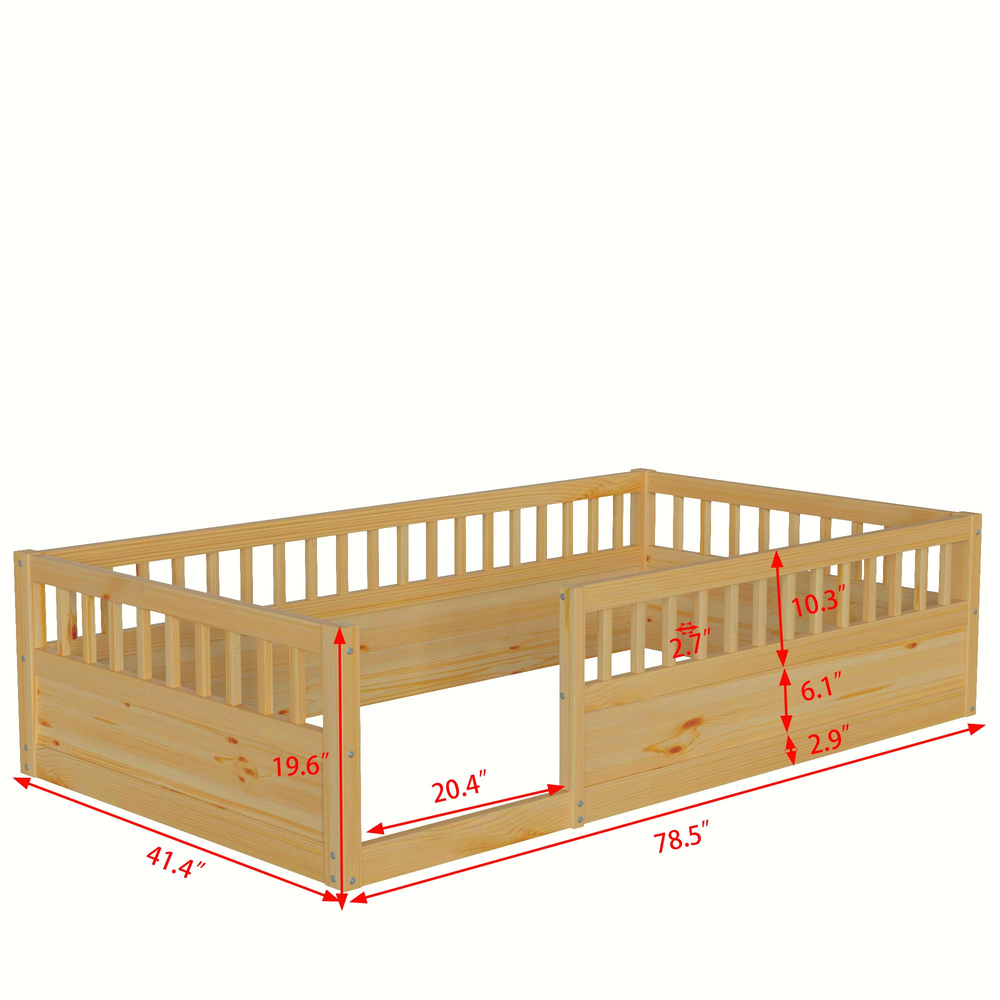 VPXTA Twin Size Toddler Floor Bed Frame for Kids，Montessori Bed with High Fence Railings，Wood Playhouse Bed with Rails (Natural, Twin)