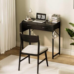 XIV Small Computer Desk with 2 Drawers, 31.5 Inch Home Office Desk with Storage Bag and Headphone Hook, Simple Desk for Small Spaces (Black, 31.5")