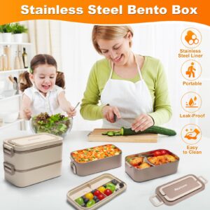 Rezicom Stainless Steel Lunch Box for Kids and Adult, Two Layer 2 L Capacity Leak-Proof Bento Box for Kids, Lunch Containers for Women School Office with Stainless Steel Soup Bowl Spoon and Fork