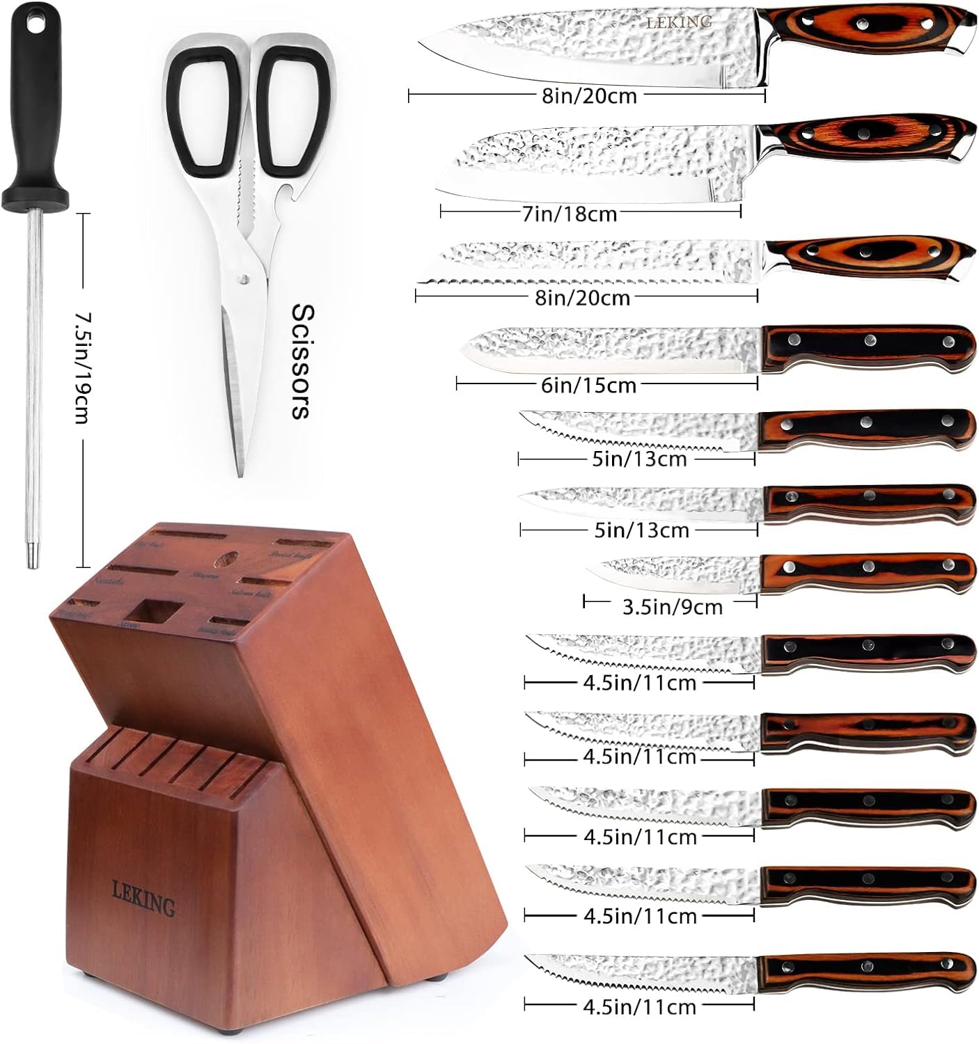 Leking 15-Piece Block Knife Set with Wooden Block, Premium High Carbon Stainless Steel Chef Knife Set with Pakka Wooden Handle, Kitchen Knife Sets with Sharpener, Knives Set, Scissor, 6 Steak Knives