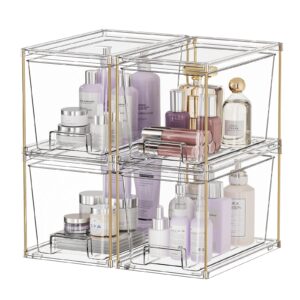 YCIA&DONE 4 Pcs Luxury Stackable Storage Drawers, Clear Organizers and Storage for Closet Bathroom Kitchen Under Sink Pantry, Easily Assemble Plastic Storage Bin for Makeup Cabinet Fridge Medicine