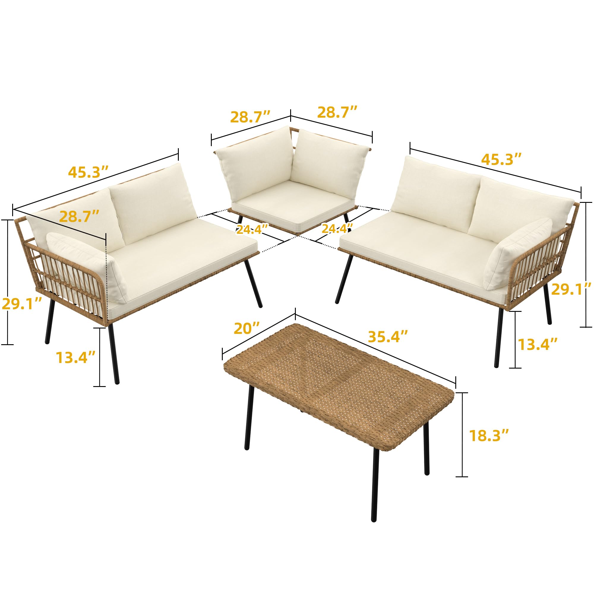 DWVO Patio Furniture Set, 4 Pieces Outdoor Patio Conversation Set, All-Weather PE Rattan Sectional L-Shaped Sofa with Soft Cushion and Side Table for Backyard, Porch, Boho Detachable Lounger (Beige)