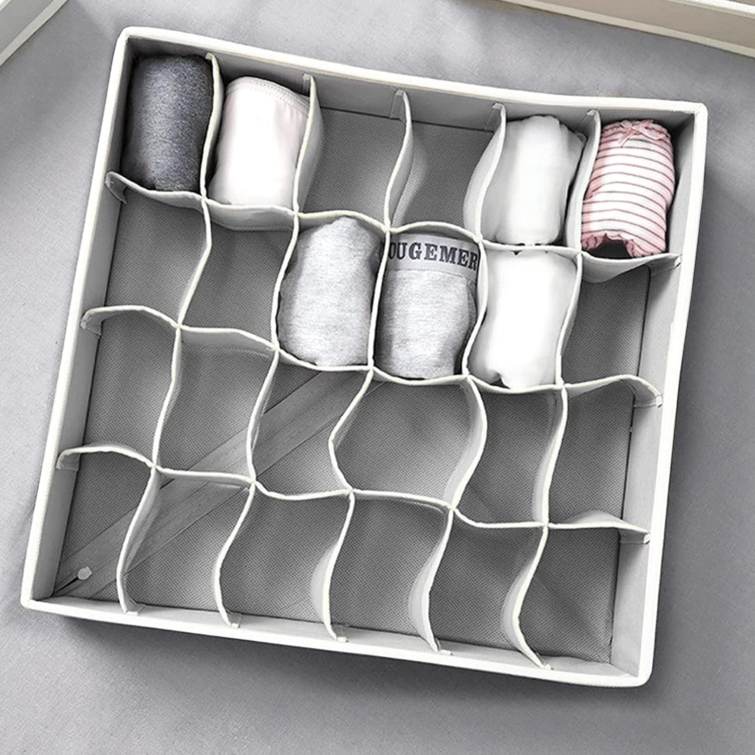 3 Sets of Sock and Underwear Storage Dividers, 72 Compartment Fabric Foldable Drawer Organizer, Closet Drawer Organization for Socks, Underwear, Belts and Ties (24+24+24 Cell, Light Gray)