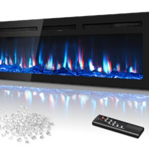 Manastin 60 Inch Electric Fireplace in-Wall Recessed and Wall Mounted with Remote Control, 750W/1500W Thin Wall Fireplace Heater(60-99°F Thermostat) with 12 Adjustable Color, Timer and Log Set