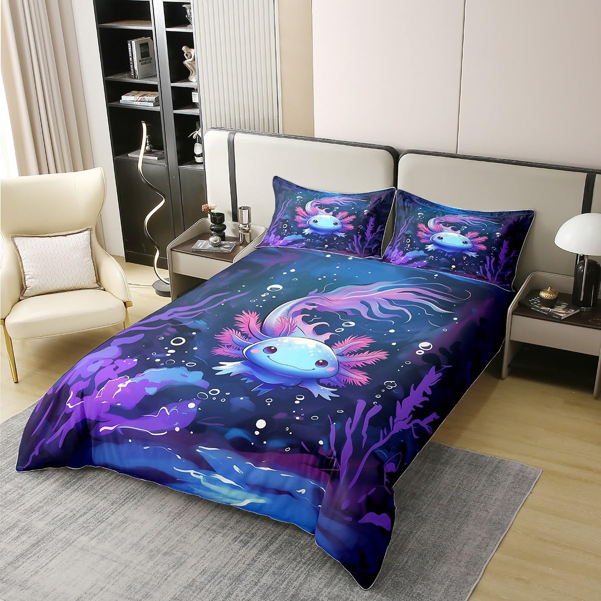 jejeloiu Kawaii Axolotl Bedding Set Full Size Girls Cartoon Salamander Duvet Cover Set 100% Cotton for Kids Teens Dark Blue Cute Ocean Sealife Cotton Duvet Cover Gift for Girls Women Quilt Set