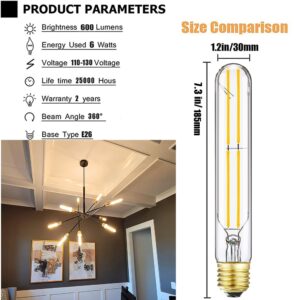 Duoled 7.3 Inch E26 T10 Led Bulb 60 watt 3000k Soft White Edison Bulbs,6W T10 Long Light Bulb Tubular Light Bulb T10 Bulb T9 for Rustic Pendant,Industrial Pipe,Wall Sconces 6 Pack