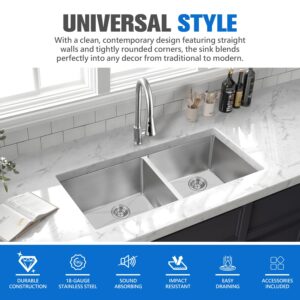 Daweier 30x17.9 Inch Handmade Undermount Double Bowl Kitchen Sink, 304 Stainless Steel, Heavy Duty Commercial Grade