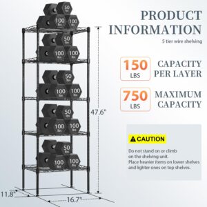 BestOffice 5-Shelf Storage Shelves, Adjustable Shelving Unit Wire Shelving Metal Shelves,11.8" D x 16.7" W x 47.6" H,Black