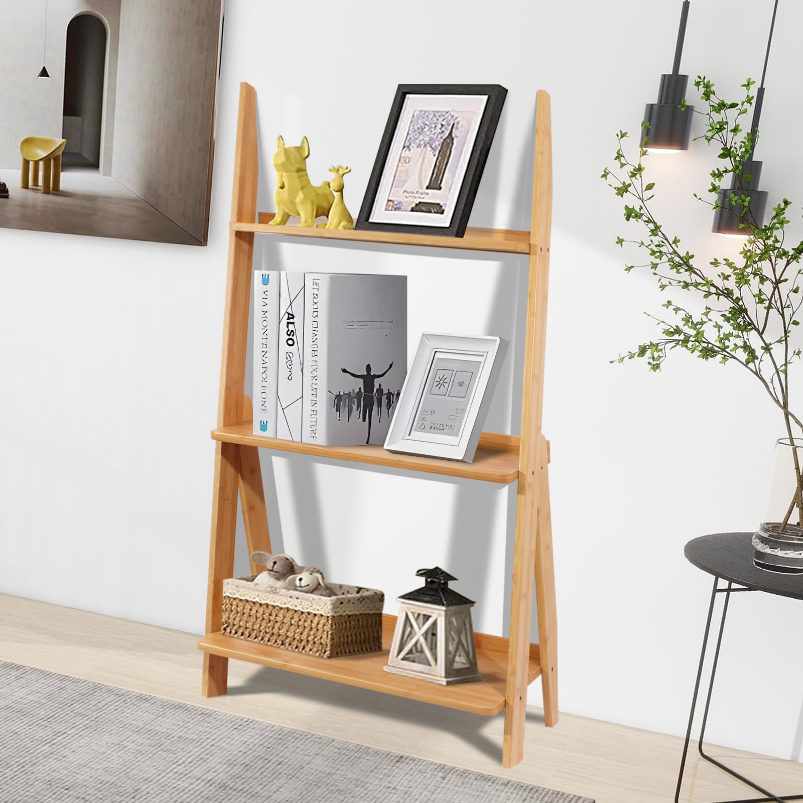 Maydear Bamboo Ladder Shelf Bookcase, 3-Tier Leaning Bookshelf Free Standing Organizer Storage Shelves for Living Room, Bedroom, Kitchen, Home Office, Balcony