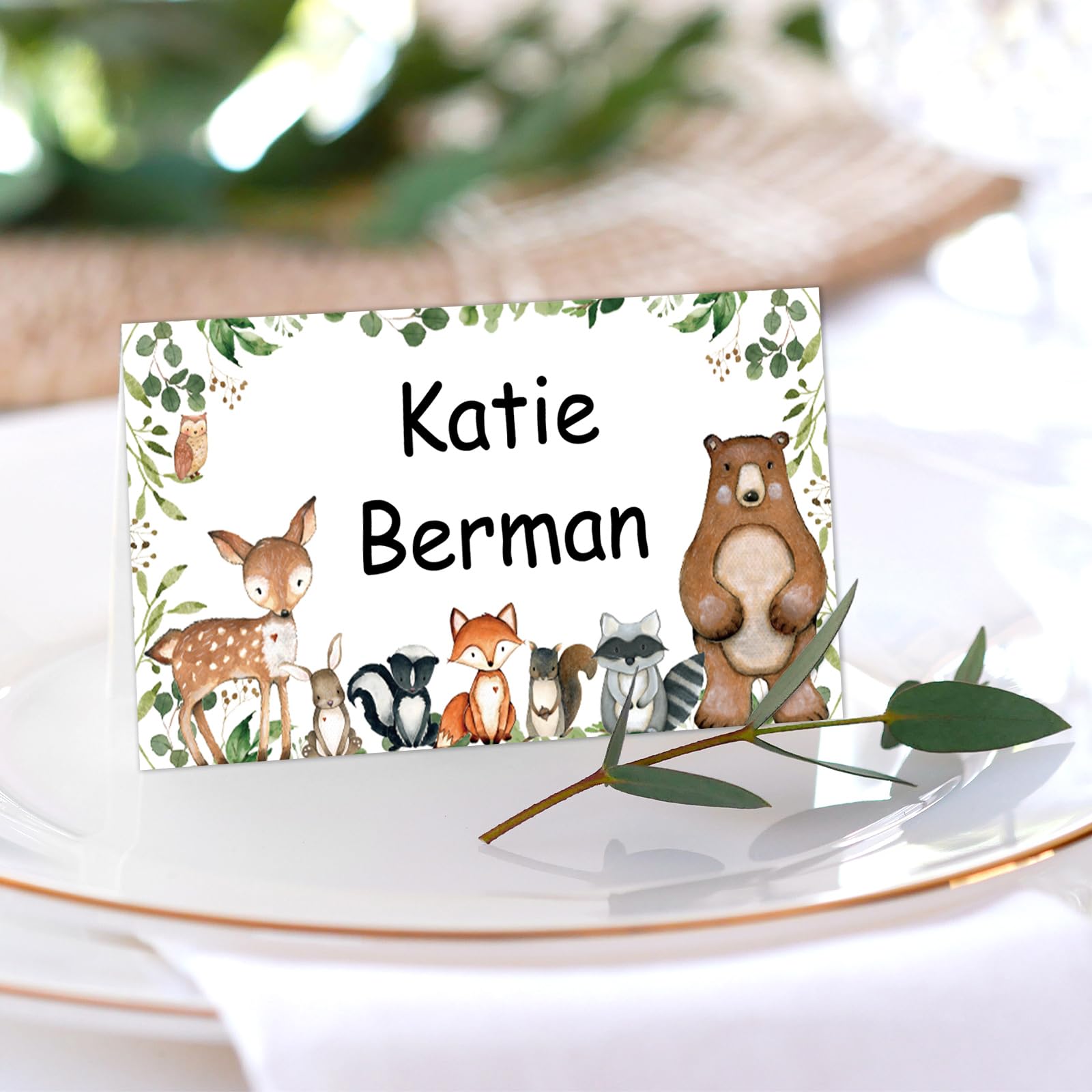 Whaline 100Pcs Woodland Animal Place Cards 2 x 3.5 Inch Watercolor Jungle Creature Tent Name Cards Safari Seat Assignment Labels for Birthday Baby Shower Party Table Setting Supplies