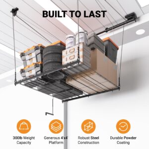 eShelf Adjustable Overhead Garage Storage Rack, 4x4ft Garage Ceiling Storage Lift, Heavy Duty Garage Storage Lift System With 300lbs Weight Capacity, Perfect for Kayaks, Ladders