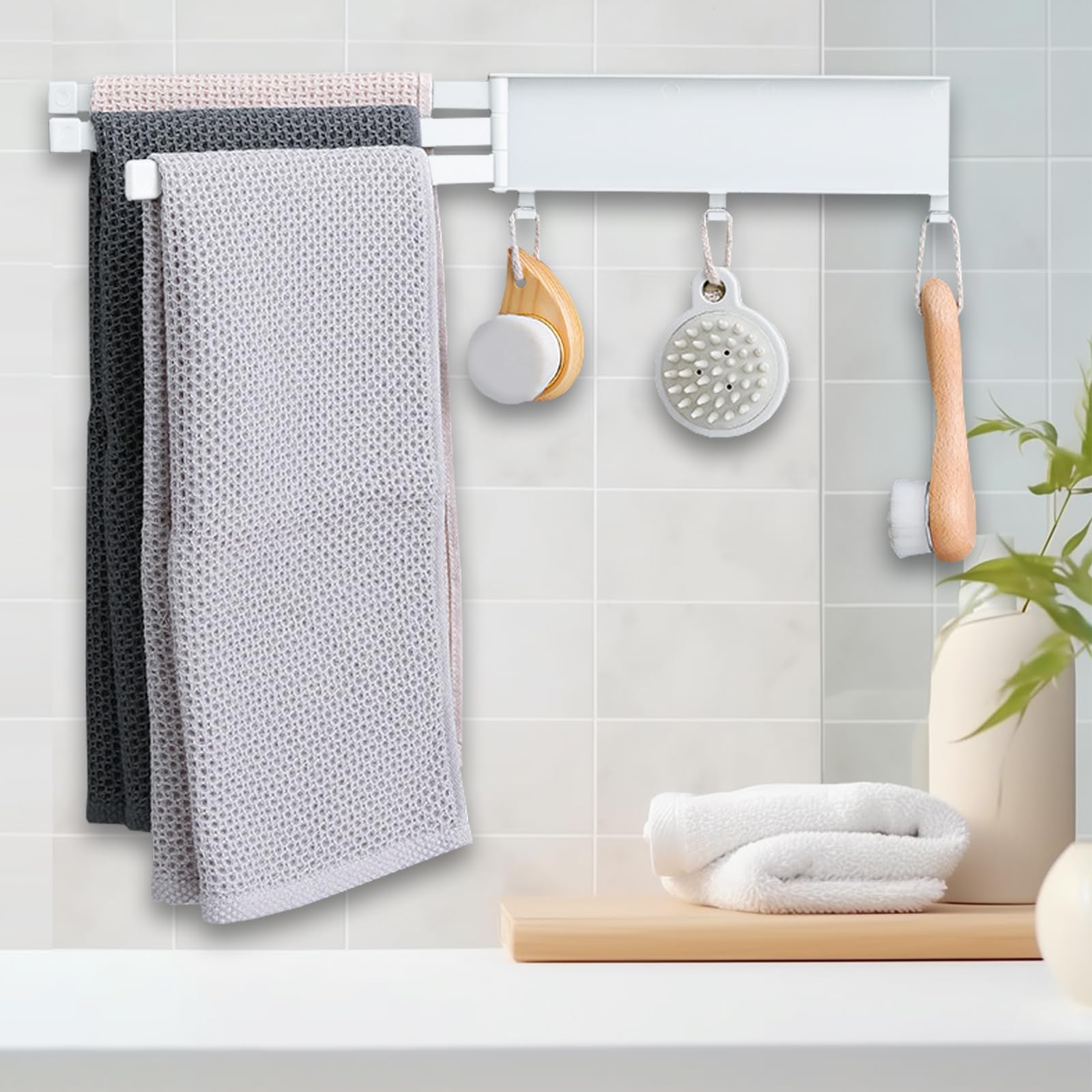 Swivel Towel Bar-3-Arm Bathroom Towel Rack 180° Rotating with Double-sided Tape No Nail Self-adhesive Hand Towel Holder No Nail Wall Mount Dish Rag Dishcloths Washcloth Storage Organizer Hanger（White）