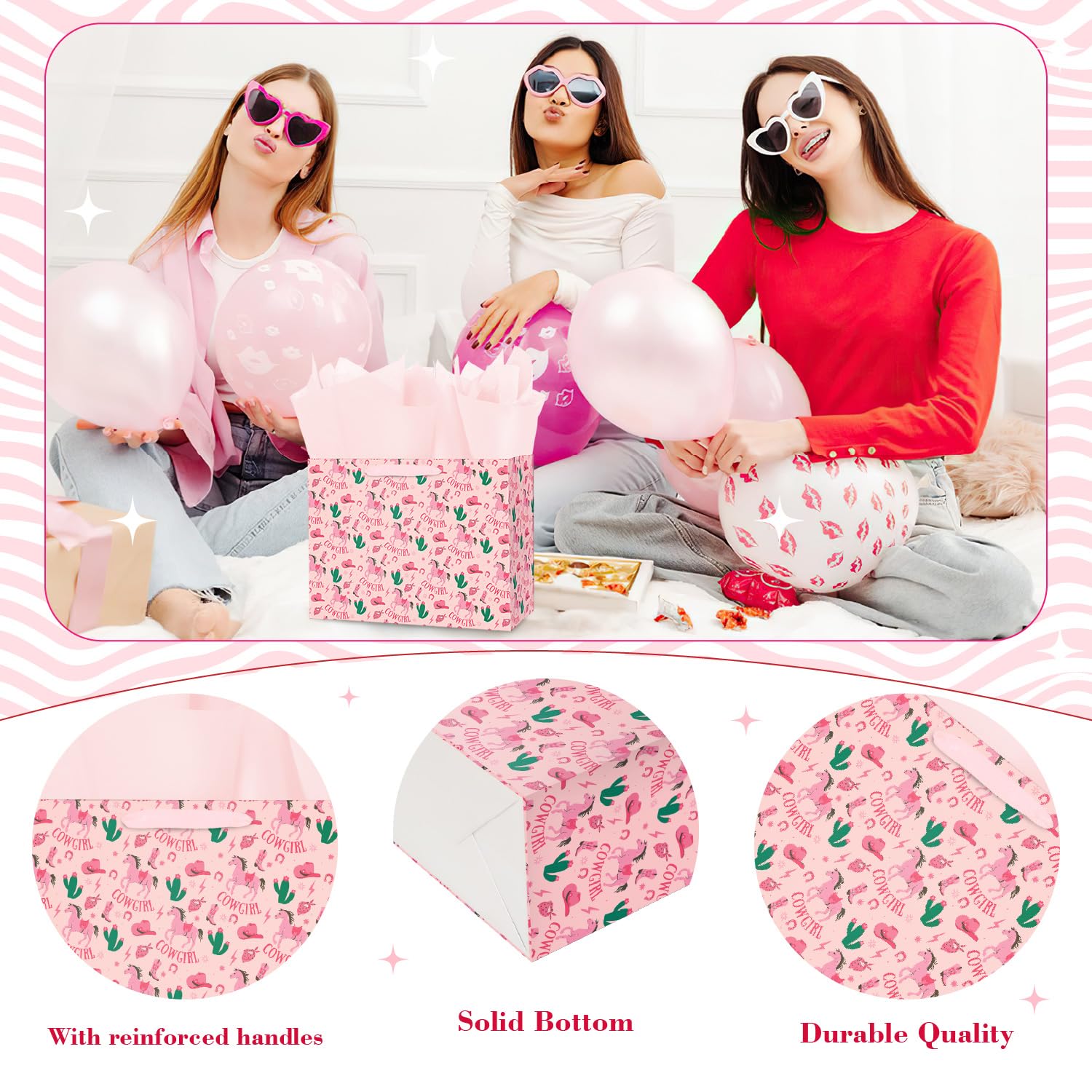 Linelglobal Cowgirl Gift Bag with Wrapping Tissue for Women Girl Birthday Party Decoration 12.6"