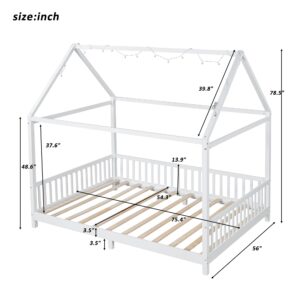 Merax Full Size House Bed for Kids, Wood Platform Bedframe with Light and Guardrail for Teens Girls Boys, No Box Spring Needed, White