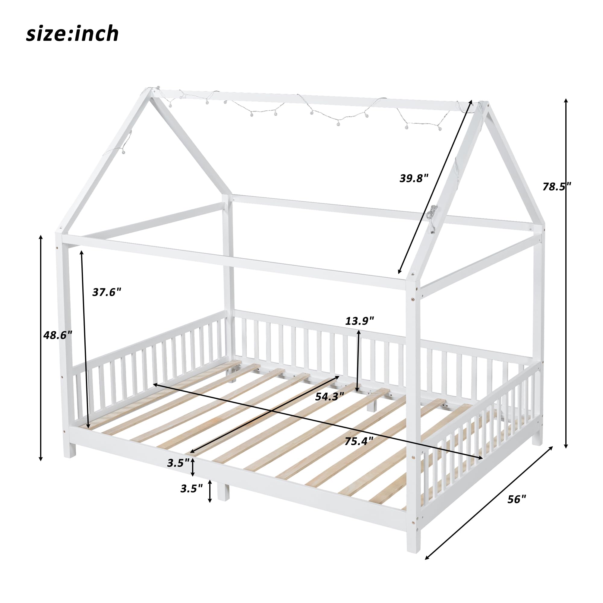 Merax Full Size House Bed for Kids, Wood Platform Bedframe with Light and Guardrail for Teens Girls Boys, No Box Spring Needed, White