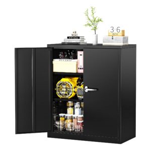 greenvelly metal storage cabinet with lock,36" metal lockable storage cabinet with doors and 2 adjustable shelves, black steel locking counter cabinet for office,garage, home, school