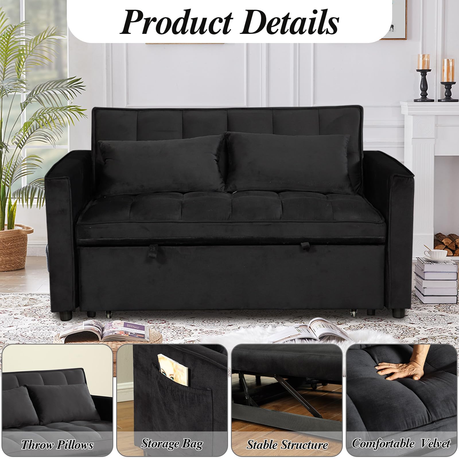 Keainvren Sleeper Sofa Velvet Pull Out Sofa Bed Convertible Sofa Couch Adjustable Backrest Loveseat Sofa Couch Side Pocket for Living Room, Office,Small Space-Black