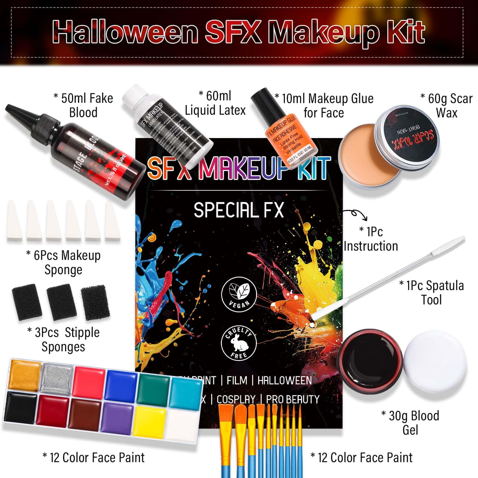 Halloween Makeup Liquid Latex SFX Makeup Kit Special Effects Makeup with Face Body Paint, Makeup Glue, Washable Fake Blood, Scar Wax, Paint Brushes for FX Clown Cosplay Costume Halloween Deco