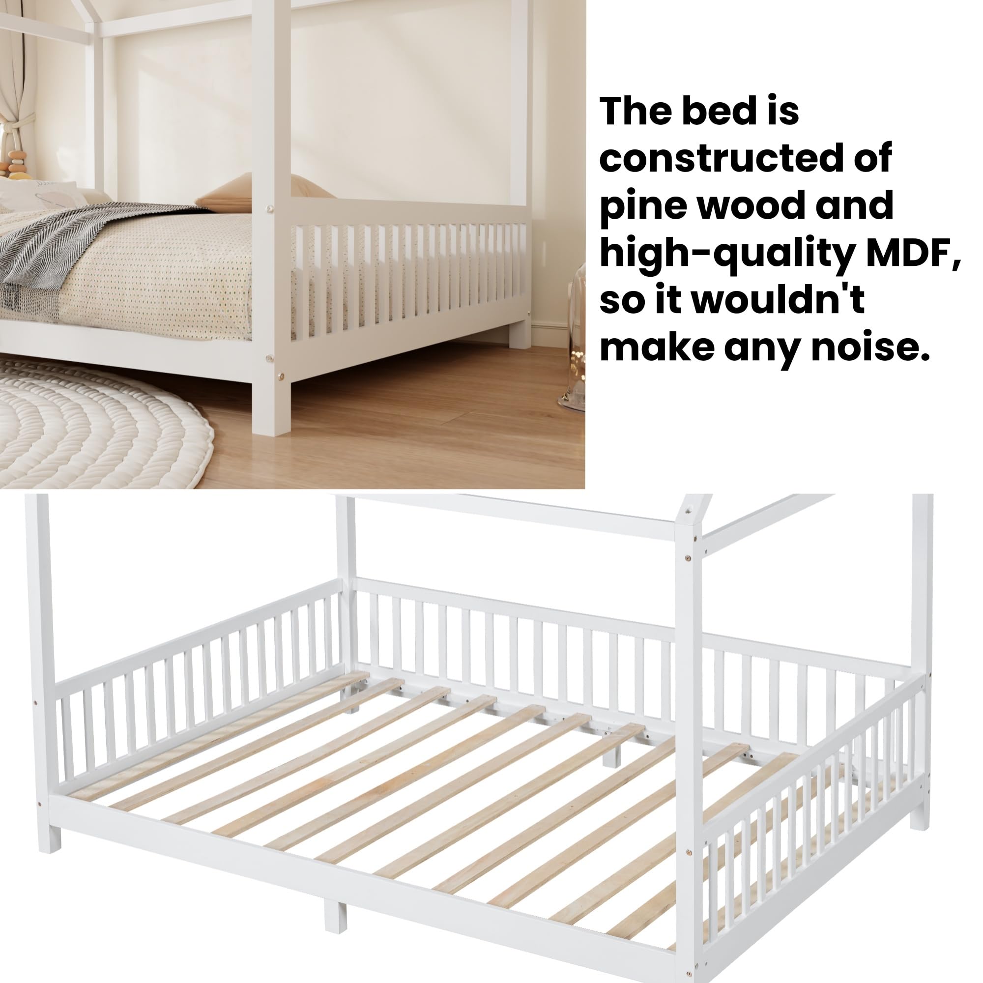 Merax Full Size House Bed for Kids, Wood Platform Bedframe with Light and Guardrail for Teens Girls Boys, No Box Spring Needed, White