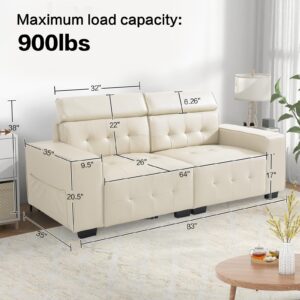 BEDHOURS 83" Sofa Couch, Handcrafted Faux Leather 3-Seat Sofa, Mid Century Modern Couch, Comfort Deep Seat Sofa with Side Pocket & Adjustable Headrest for Living Room Apartment Office, Beige