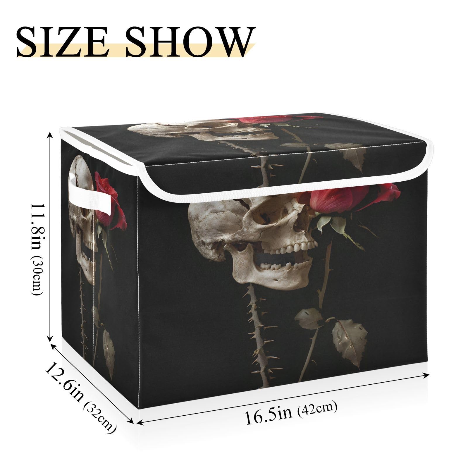 DALAWU Containers Baskets with Lids Rose Skull Fabric Foldable Storage Bins Organizer with Lid Collapsible Storage Boxes for Home Bedroom Closet Office