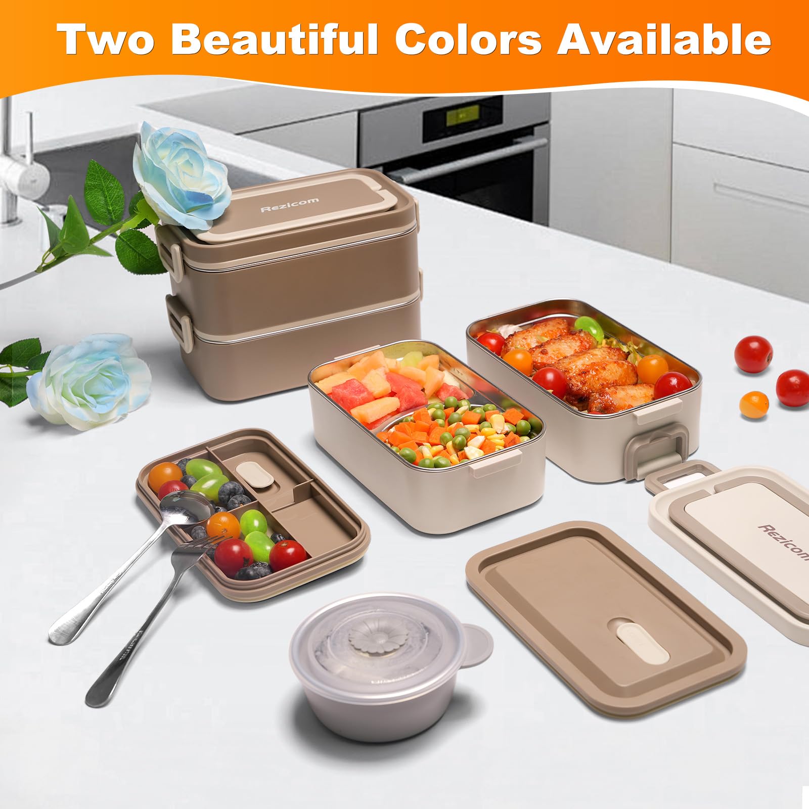 Rezicom Stainless Steel Lunch Box for Kids and Adult, Two Layer 2 L Capacity Leak-Proof Bento Box for Kids, Lunch Containers for Women School Office with Stainless Steel Soup Bowl Spoon and Fork