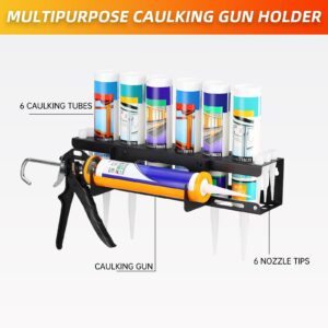 CogniForge Caulking Gun and Caulking Tube Holder,Wall Mounted Caulk Tools Rack,Hand Caulking Gun Storage Rack Holds 6 Tubes and Caulking Nozzle,Organizer for Workshop, Shop, Garage